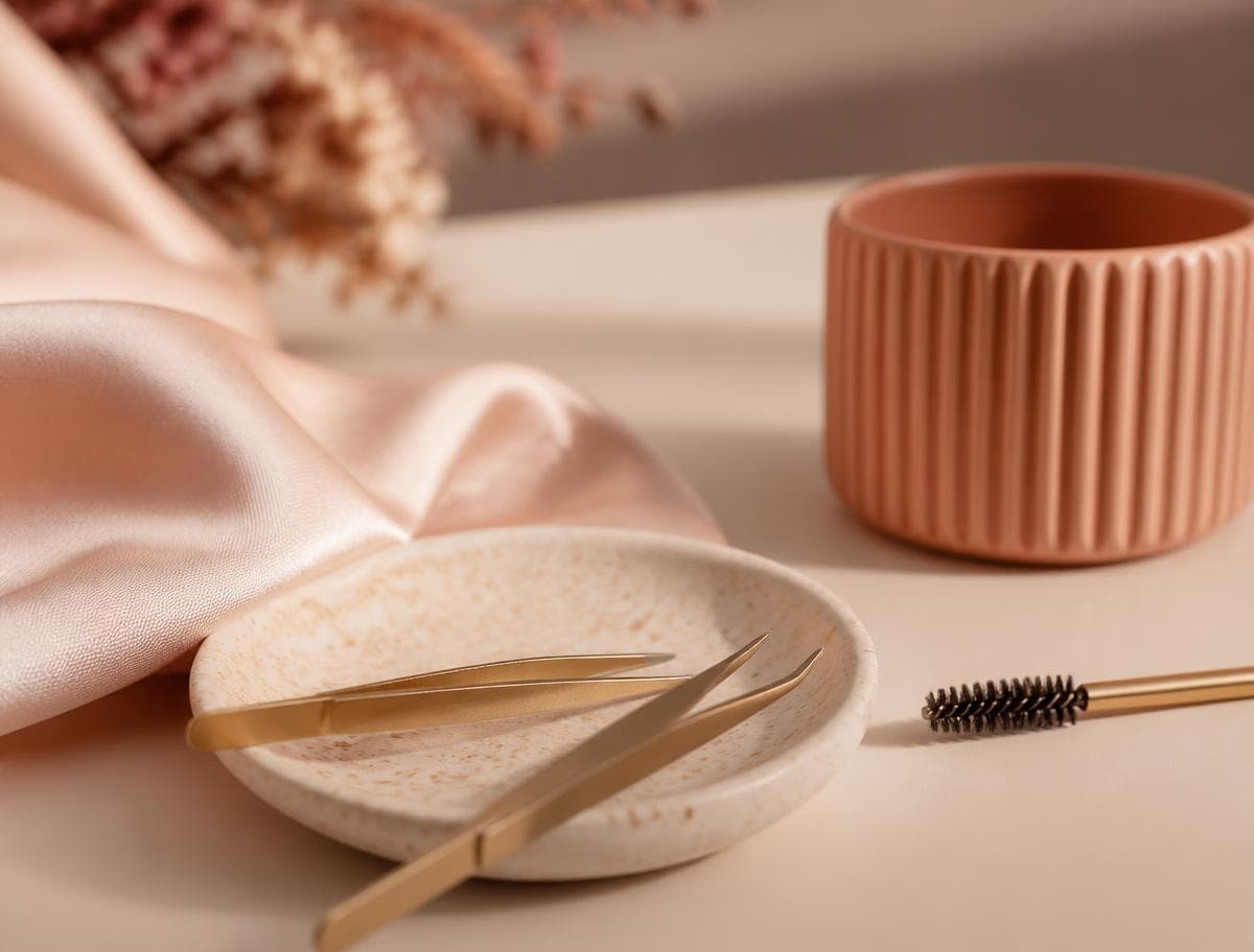 Detailed studio setup with silk, tweezers and spoolie in warm tones